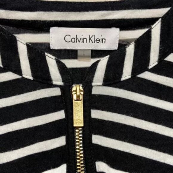 Calvin Klein Women's Half Zip Large White Black Stripe Gold CK Logo Buttons GUC - Picture 8 of 13